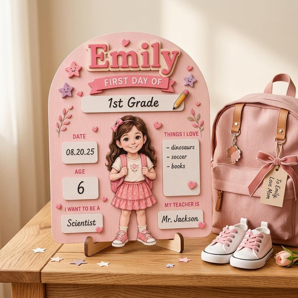 Personalized First Day of School Sign, Reusable Wooden Milestone Board, Back to School Photo Prop with Writable Chalkboard Sections.