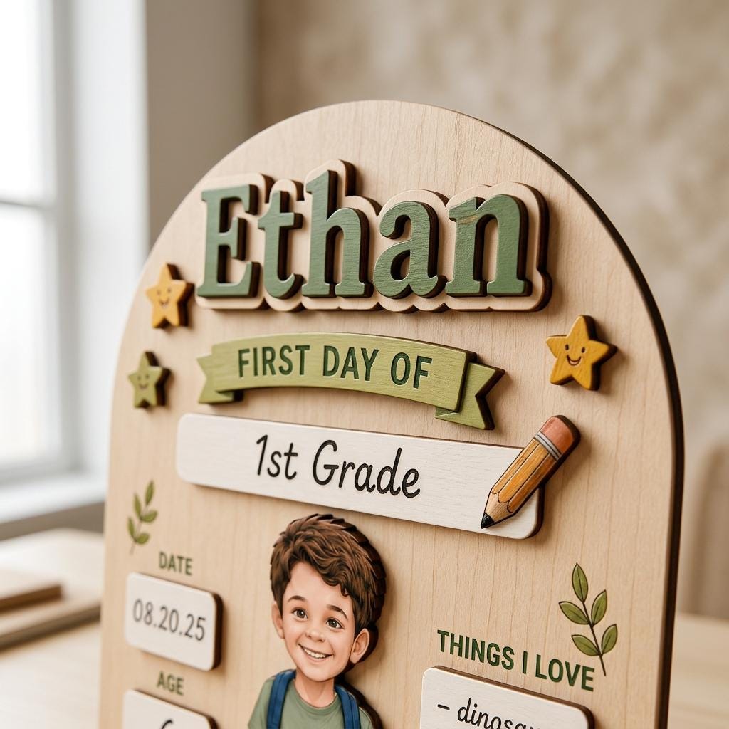 Personalized First Day of School Sign, Reusable Wooden Milestone Board, Back to School Photo Prop with Writable Chalkboard Sections.