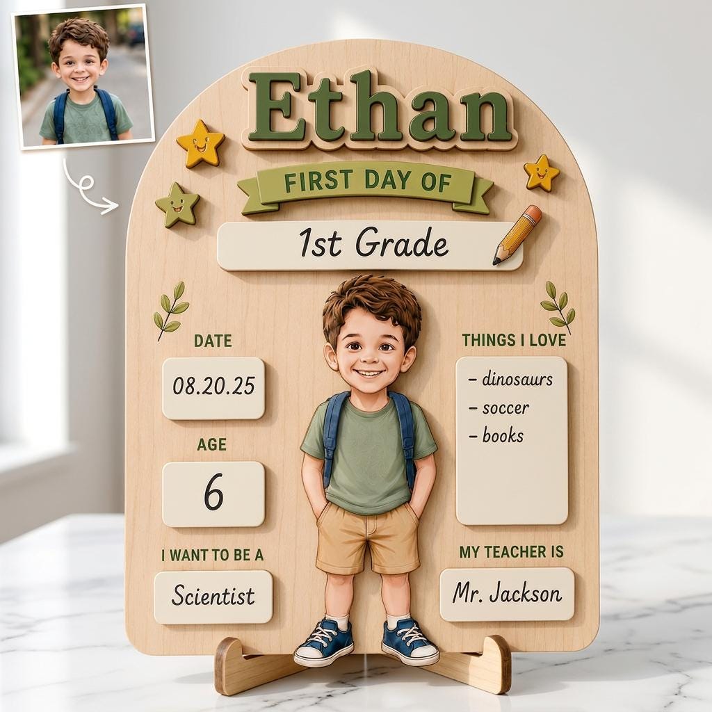 Personalized First Day of School Sign, Reusable Wooden Milestone Board, Back to School Photo Prop with Writable Chalkboard Sections.