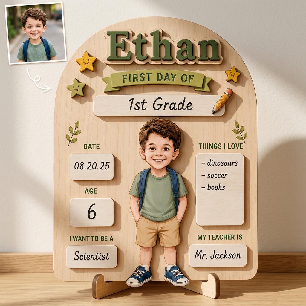 Personalized First Day of School Sign, Reusable Wooden Milestone Board, Back to School Photo Prop with Writable Chalkboard Sections.