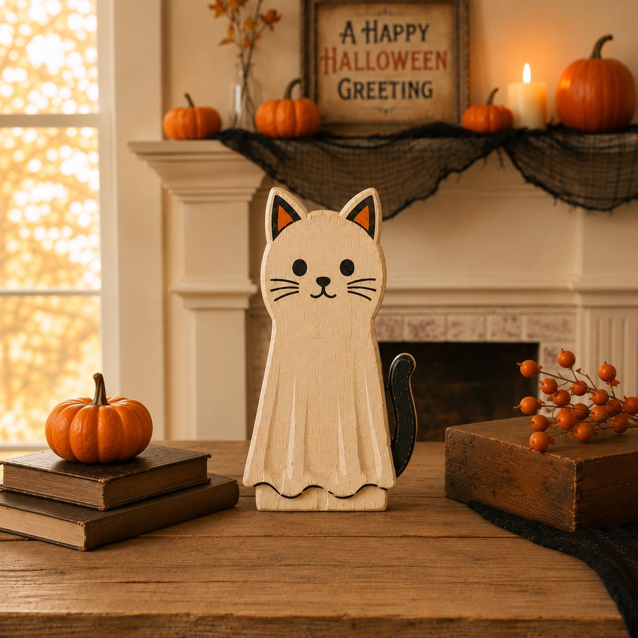 Wooden Halloween Cat Block Set, Cute Spooky Cat Figurines, Fall Home Decor, Pumpkin Ghost Mummy Vampire Cat Shelf Decor