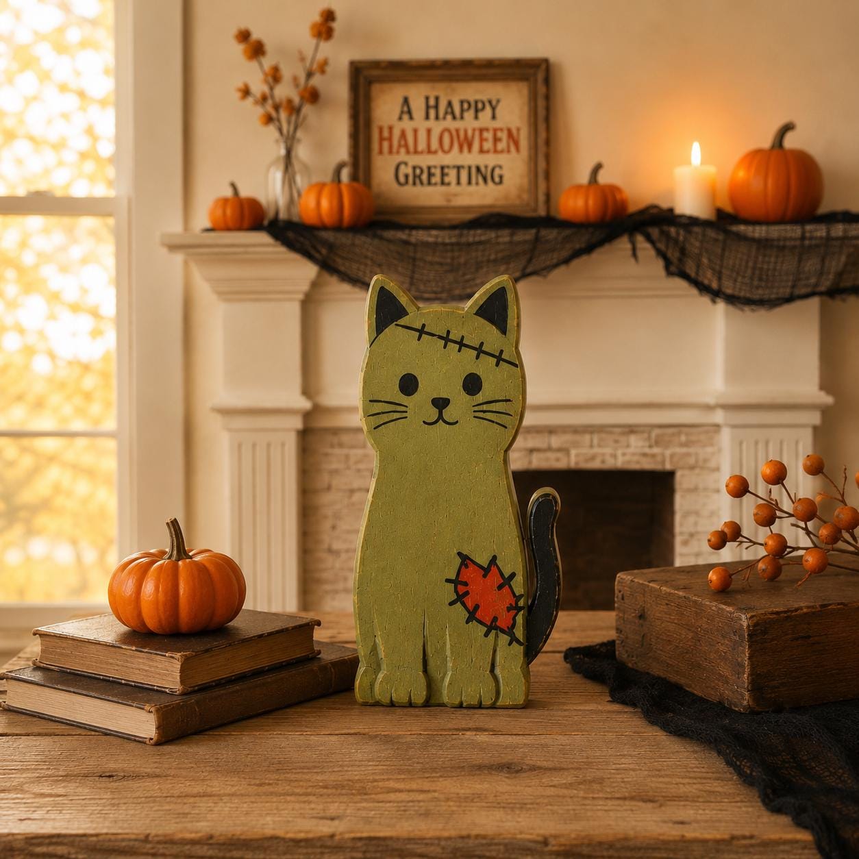 Wooden Halloween Cat Block Set, Cute Spooky Cat Figurines, Fall Home Decor, Pumpkin Ghost Mummy Vampire Cat Shelf Decor