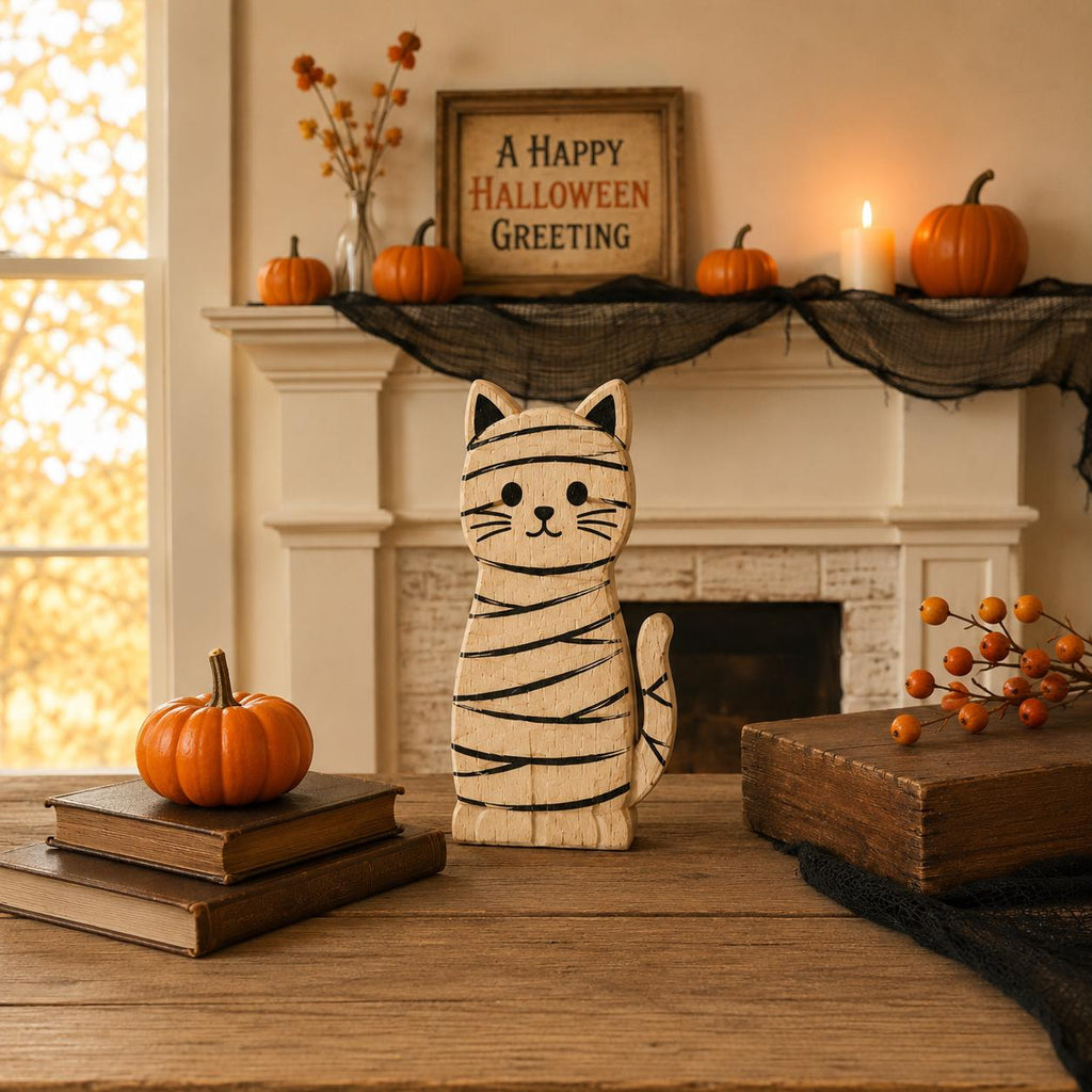 Wooden Halloween Cat Block Set, Cute Spooky Cat Figurines, Fall Home Decor, Pumpkin Ghost Mummy Vampire Cat Shelf Decor