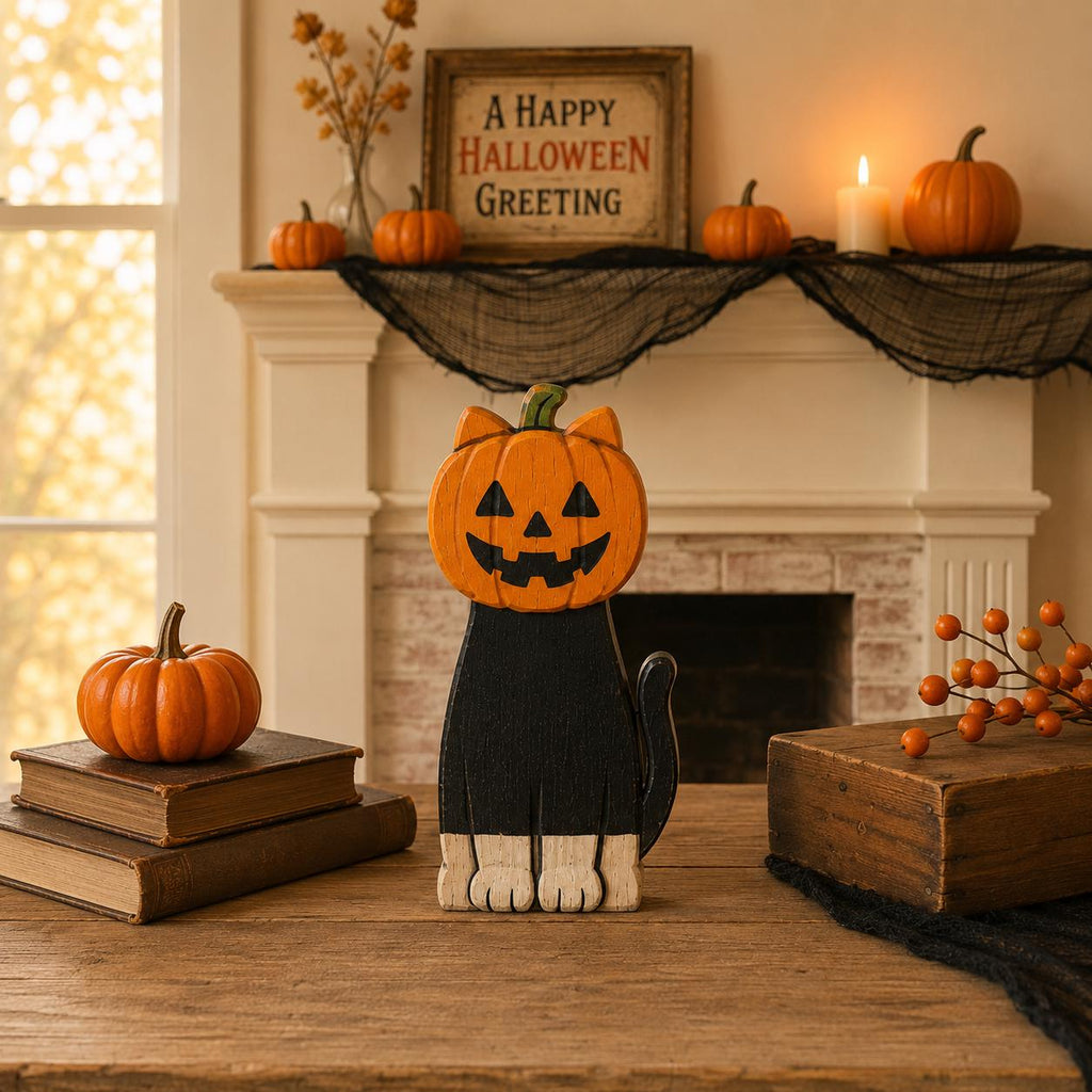 Wooden Halloween Cat Block Set, Cute Spooky Cat Figurines, Fall Home Decor, Pumpkin Ghost Mummy Vampire Cat Shelf Decor