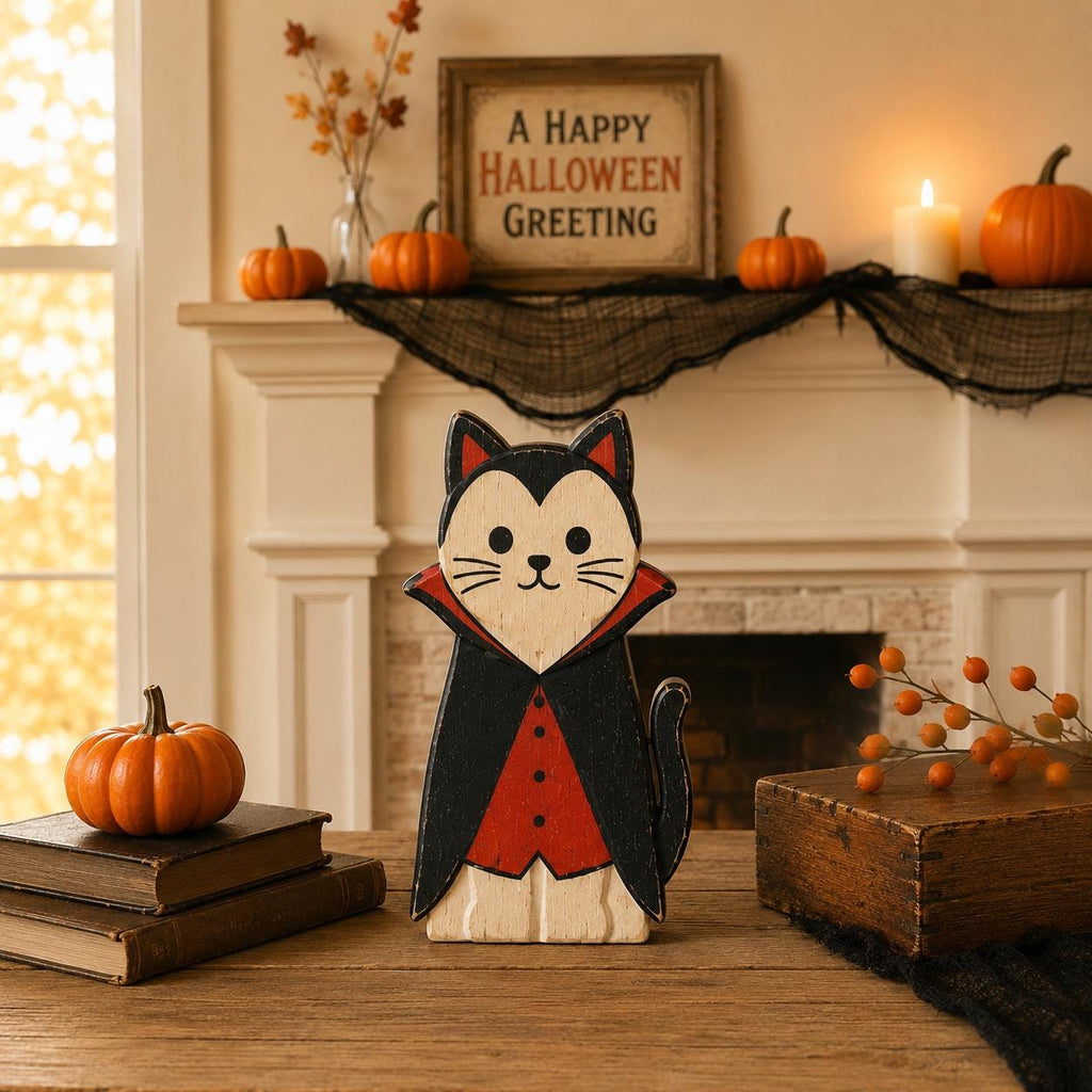 Wooden Halloween Cat Block Set, Cute Spooky Cat Figurines, Fall Home Decor, Pumpkin Ghost Mummy Vampire Cat Shelf Decor