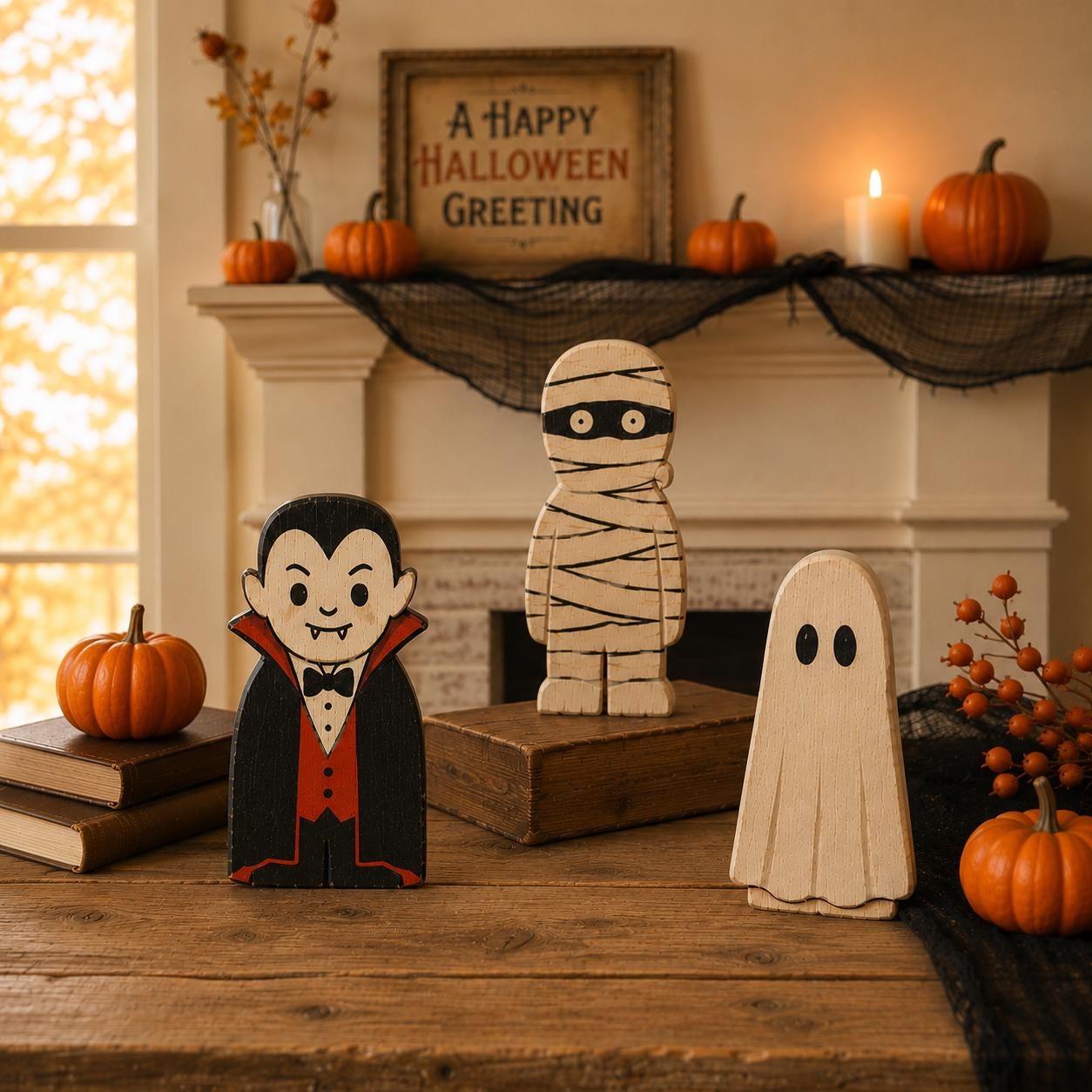 Halloween Wooden Block Decor Set, Spooky Character Shelf Sitters, Vampire Mummy Ghost Pumpkin Frankenstein Rustic Home Decor