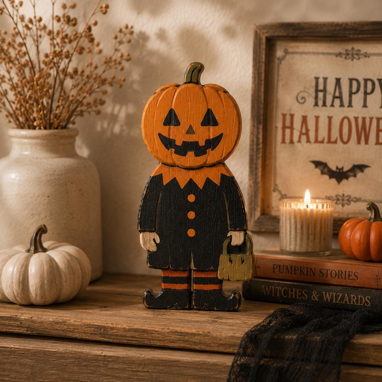 Halloween Wooden Block Decor Set, Spooky Character Shelf Sitters, Vampire Mummy Ghost Pumpkin Frankenstein Rustic Home Decor