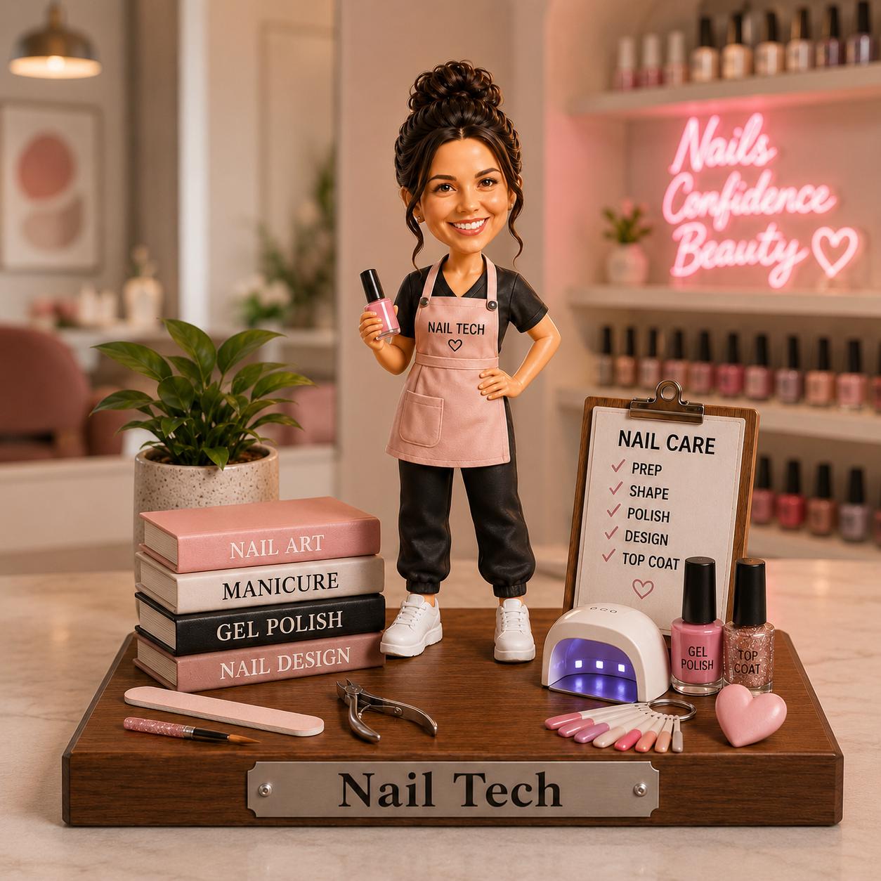 2D PRINTED Personalized Nail Tech Custom Figure Wooden Block, 2D Printed Portrait Gift for Nail Artist, Manicurist, Salon Owner Decor