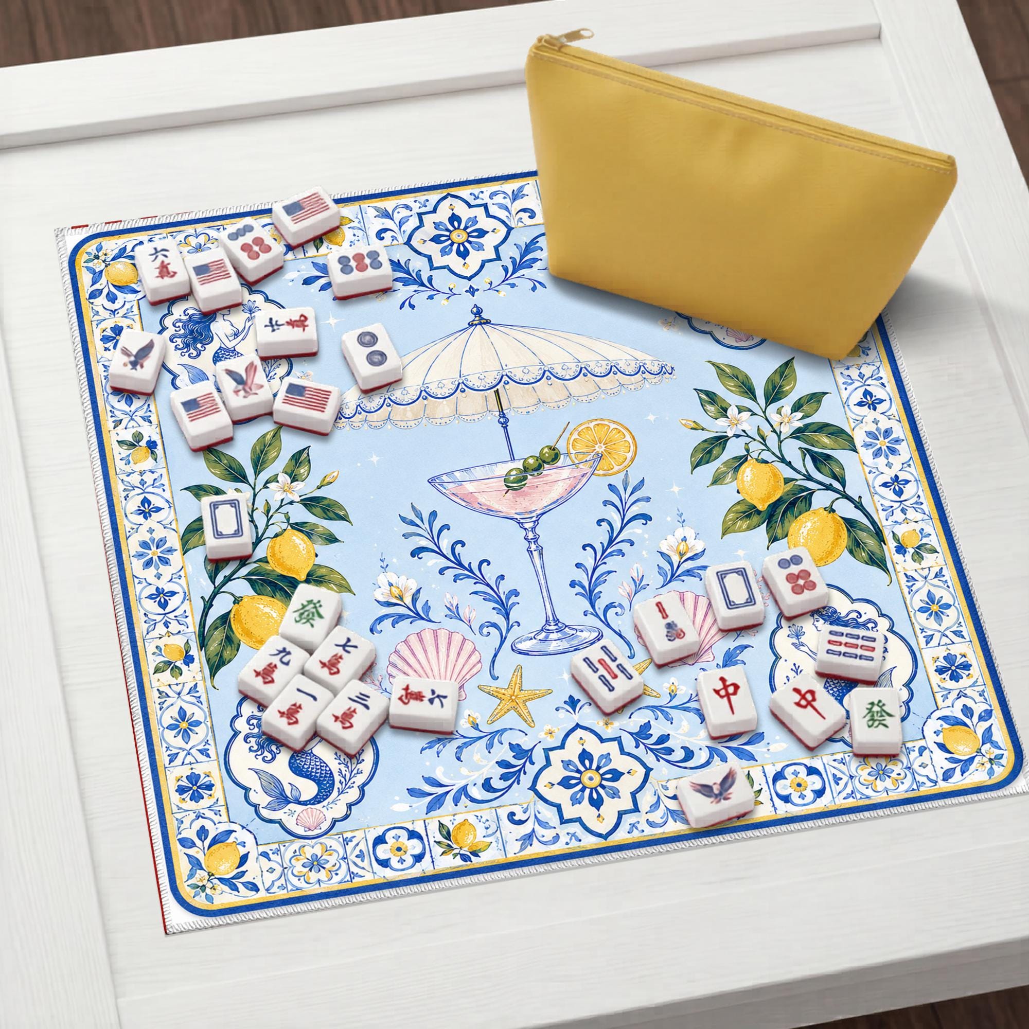 Mahjong Mat, Amalfi Coast Lemon Mahjong Mat, Blue Portuguese Tile Game Mat, Coastal Cocktail Table Cover, Mediterranean Mahjong Gift