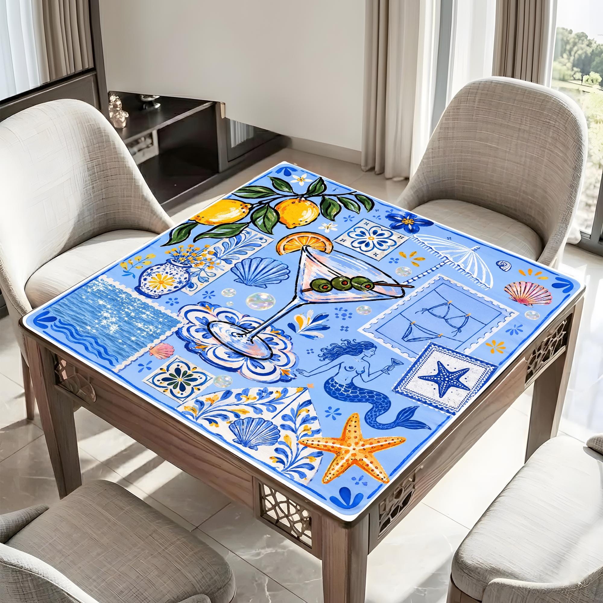 Mediterranean Cocktail Mahjong Mat, Amalfi Coast Lemon Mahjong Mat, Coastal Blue Tile Game Mat, Martini Beach Table Cover, Summer Mahjong