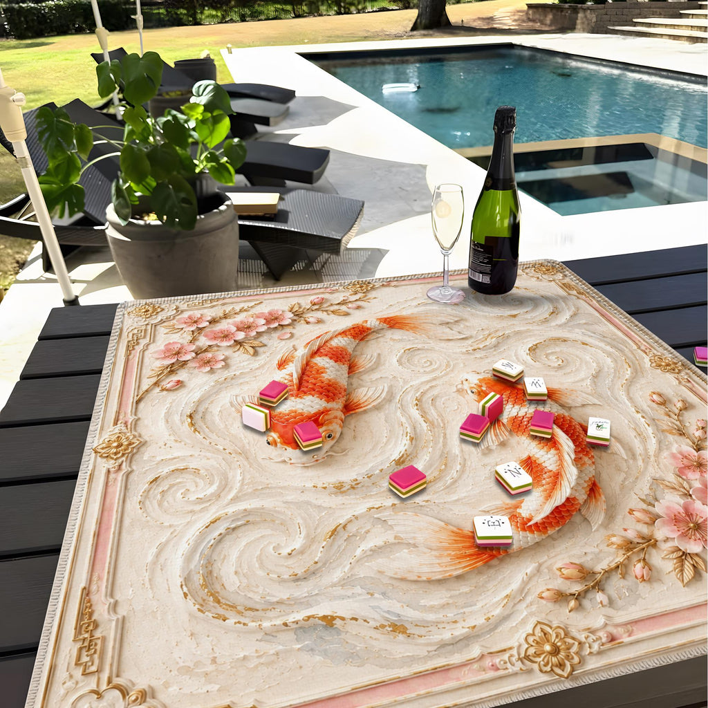 Koi Fish Mahjong Mat, Cherry Blossom Mahjong Mat, Japanese Zen Game Table Cover, Elegant Asian Art Mahjong Gift, Non Slip Play Mat