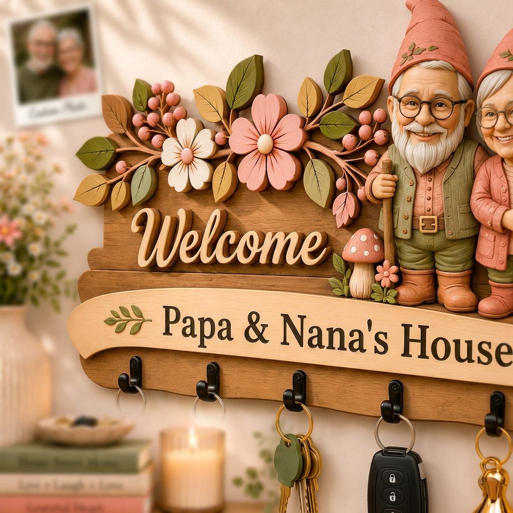 Personalized Photo Key Holder for Wall, Custom Papa and Nana Wooden Key Hanger, Layered Family Name Sign, Grandparents Housewarming Gift