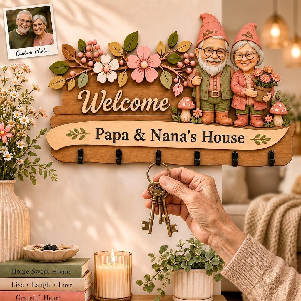Personalized Photo Key Holder for Wall, Custom Papa and Nana Wooden Key Hanger, Layered Family Name Sign, Grandparents Housewarming Gift