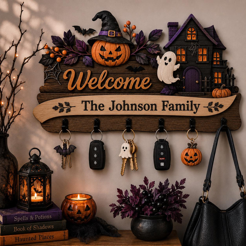 Personalized Halloween Key Holder for Wall, Custom Family Name Wooden Key Hanger, Haunted House Entryway Decor, Spooky Housewarming Gift