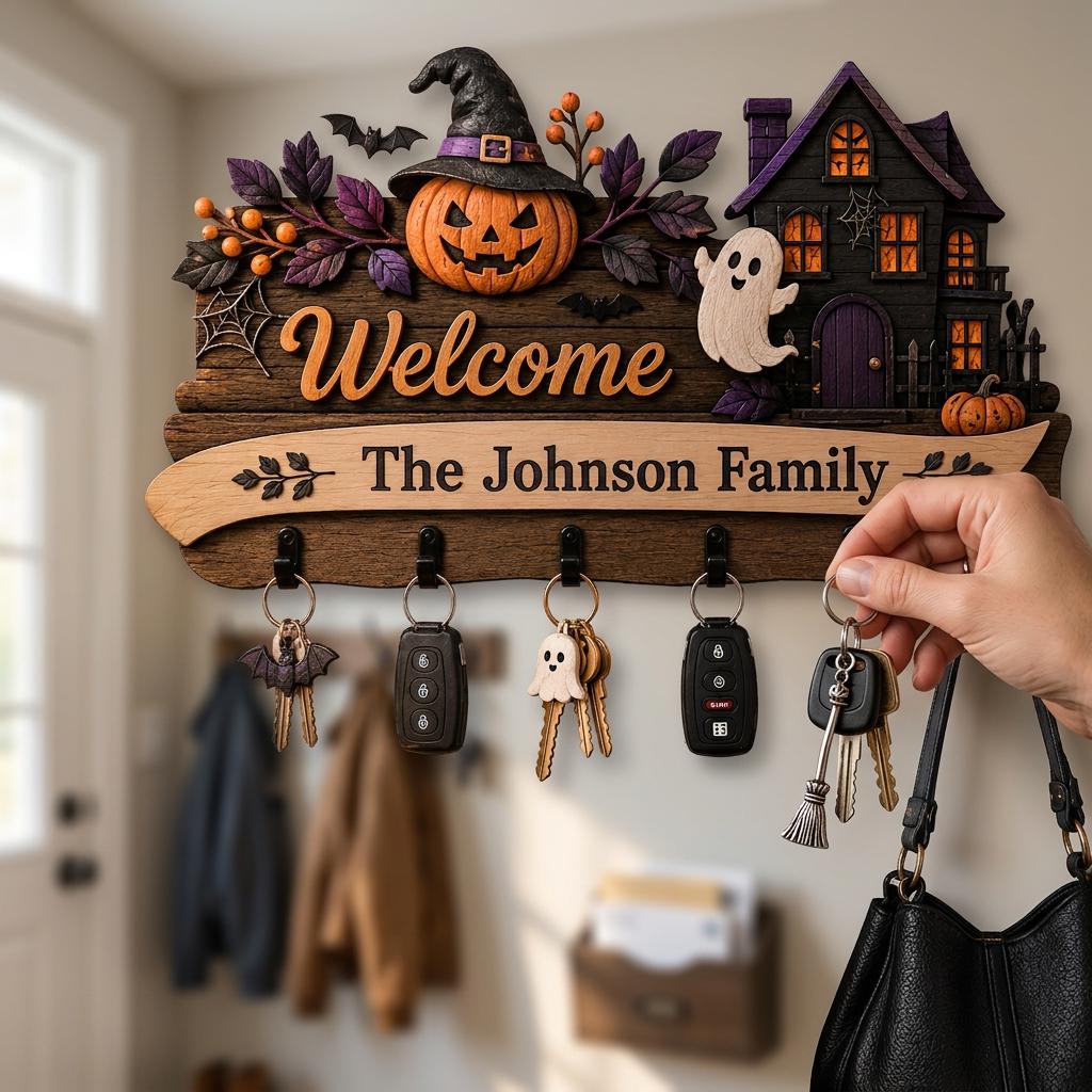 Personalized Halloween Key Holder for Wall, Custom Family Name Wooden Key Hanger, Haunted House Entryway Decor, Spooky Housewarming Gift