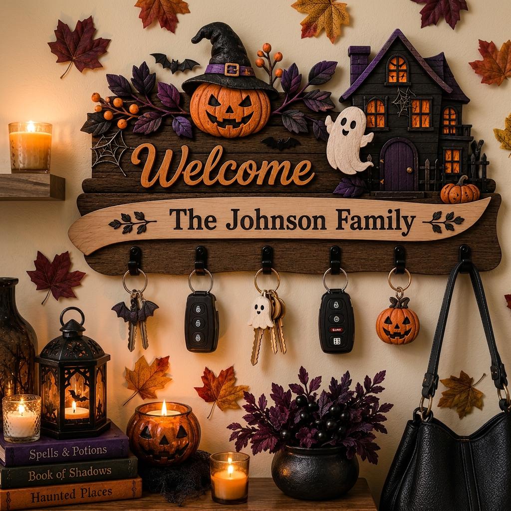 Personalized Halloween Key Holder for Wall, Custom Family Name Wooden Key Hanger, Haunted House Entryway Decor, Spooky Housewarming Gift