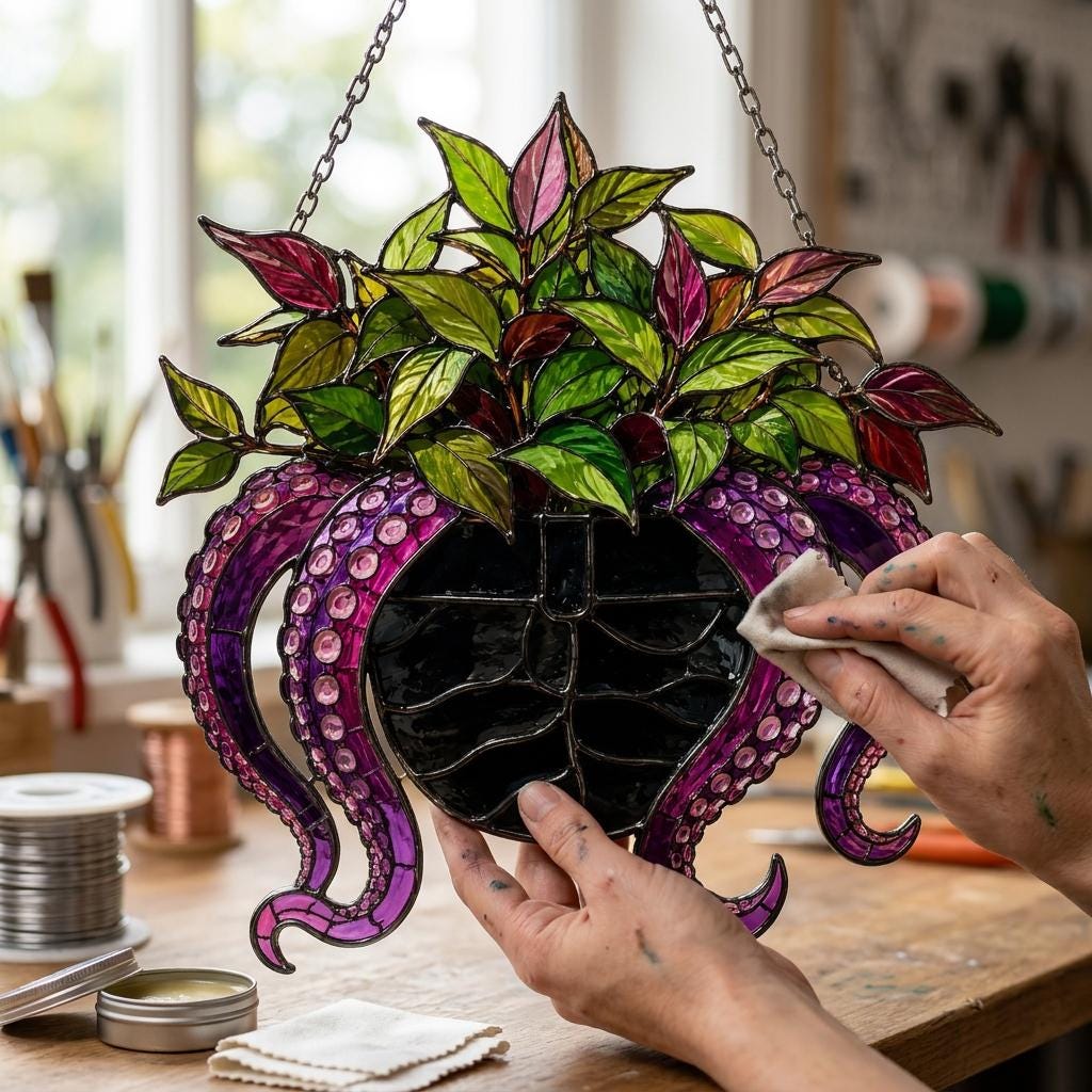 Gothic Octopus Planter Faux Stained Glass Suncatcher, Purple Kraken Window Hanging, Spooky Botanical Decor, Plant Mom Gift