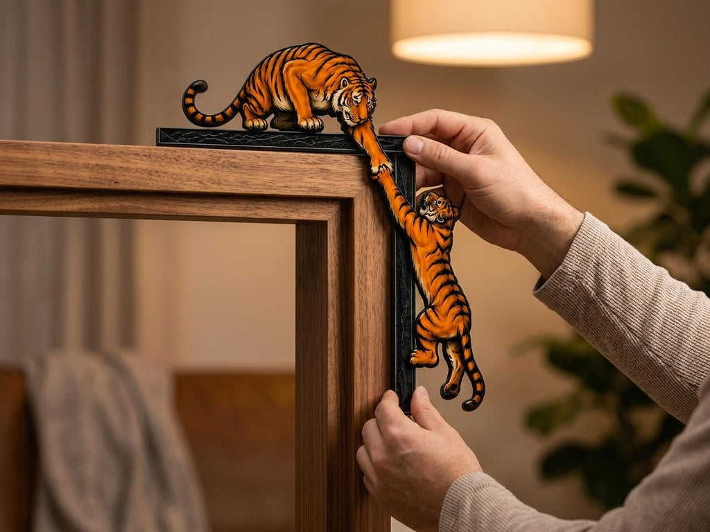 Tiger Door Corner Wooden Sign, Playful Climbing Tigers Door Frame Decor, Wildlife Home Accent, Jungle Animal Gift
