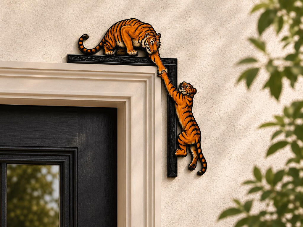 Tiger Door Corner Wooden Sign, Playful Climbing Tigers Door Frame Decor, Wildlife Home Accent, Jungle Animal Gift