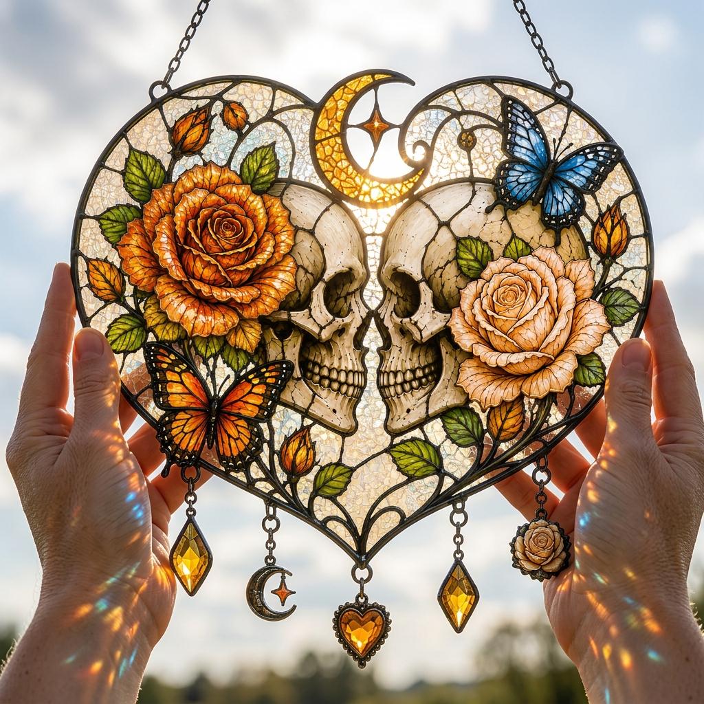 Gothic Skull Love Faux Stained Glass Suncatcher, Skeleton Couple Heart Window Decor, Rose Moon Hanging, Anniversary Gift