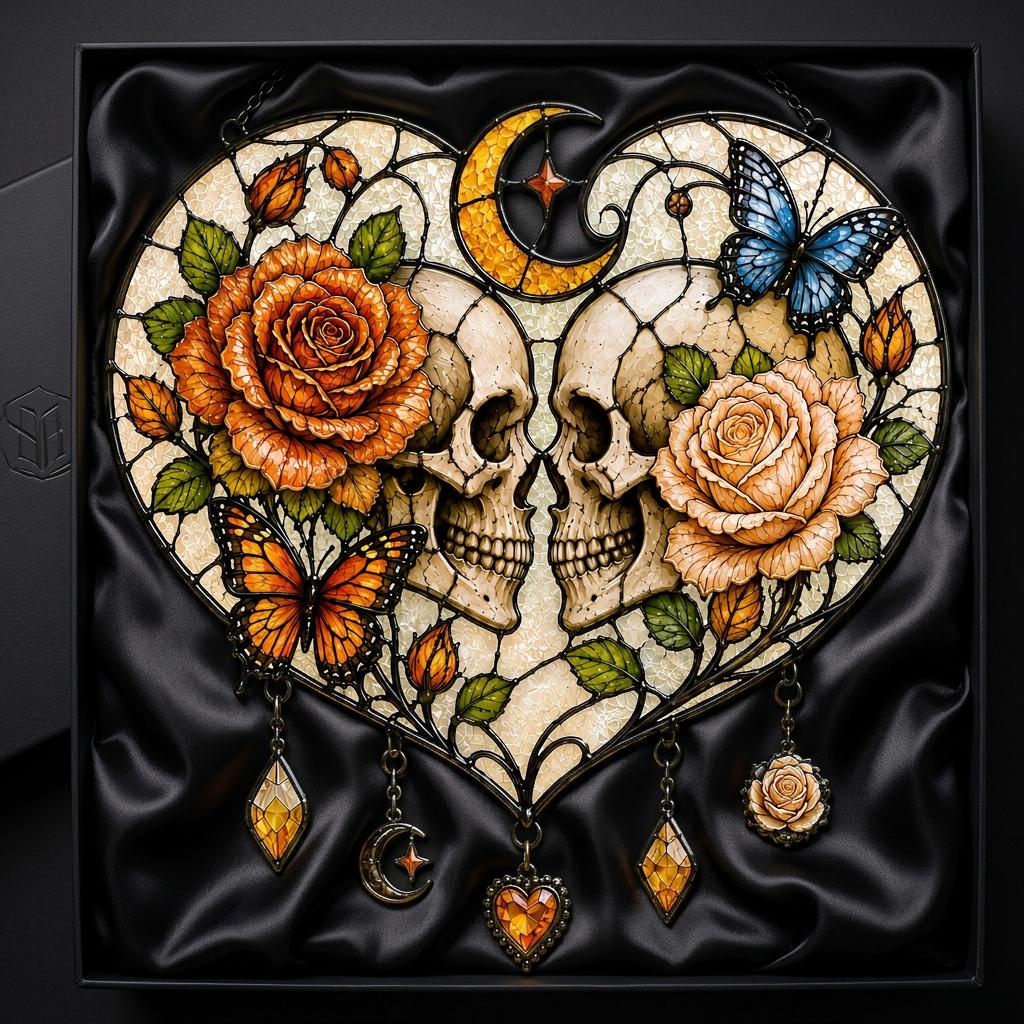 Gothic Skull Love Faux Stained Glass Suncatcher, Skeleton Couple Heart Window Decor, Rose Moon Hanging, Anniversary Gift