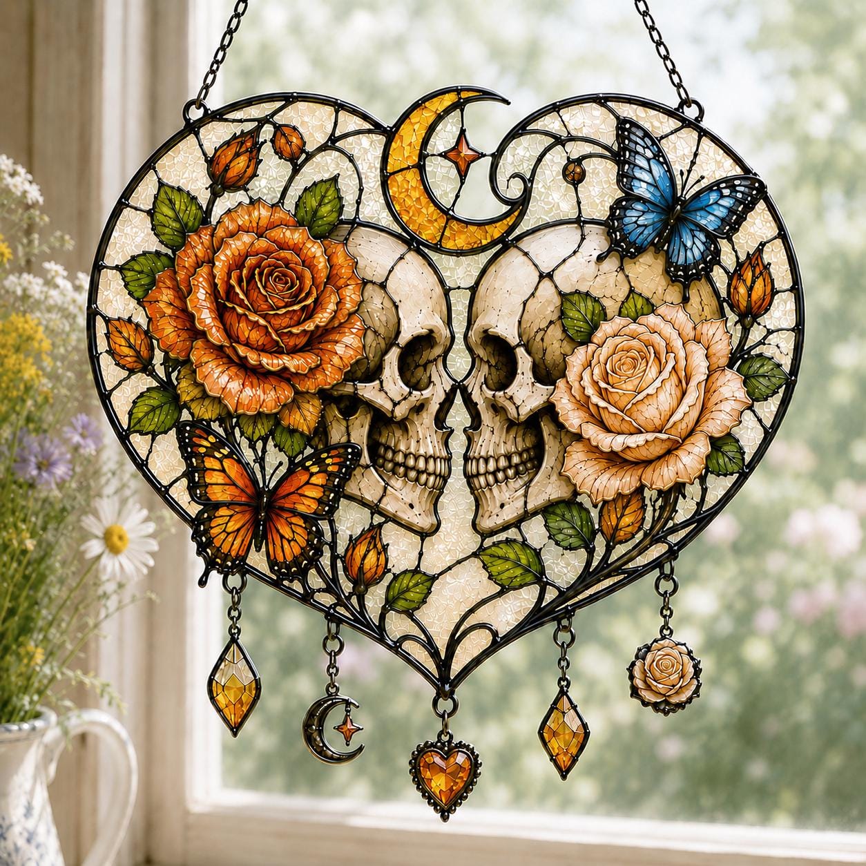 Gothic Skull Love Faux Stained Glass Suncatcher, Skeleton Couple Heart Window Decor, Rose Moon Hanging, Anniversary Gift