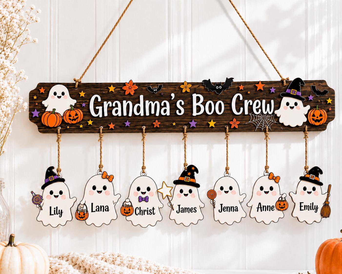 Custom Halloween Wooden Sign with Names, Grandma Boo Crew Ghost Decor, Personalized Grandchildren Hanging Plaque, Fall Gift