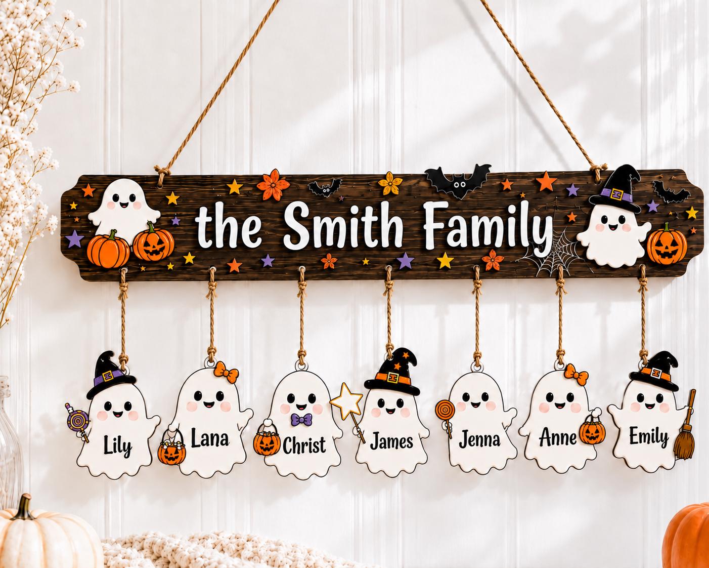 Custom Halloween Wooden Sign with Names, Grandma Boo Crew Ghost Decor, Personalized Grandchildren Hanging Plaque, Fall Gift