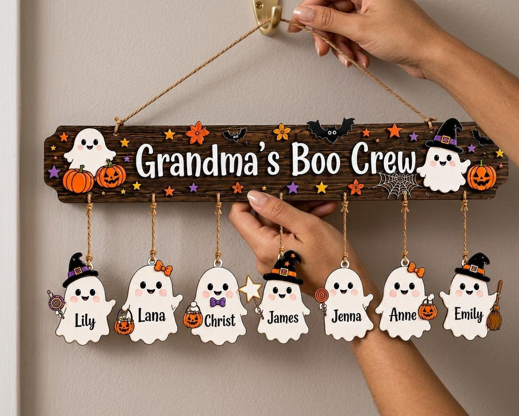 Custom Halloween Wooden Sign with Names, Grandma Boo Crew Ghost Decor, Personalized Grandchildren Hanging Plaque, Fall Gift