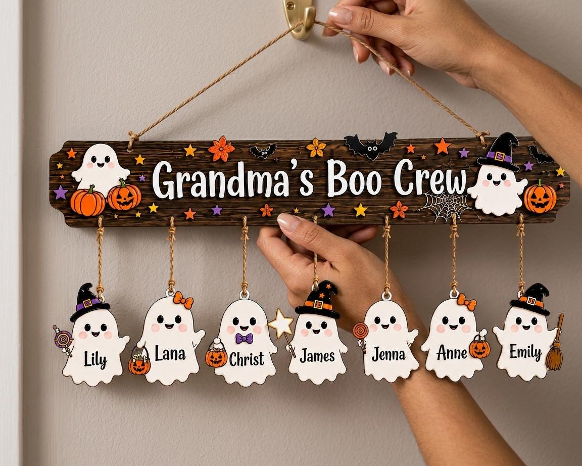 Custom Halloween Wooden Sign with Names, Grandma Boo Crew Ghost Decor, Personalized Grandchildren Hanging Plaque, Fall Gift