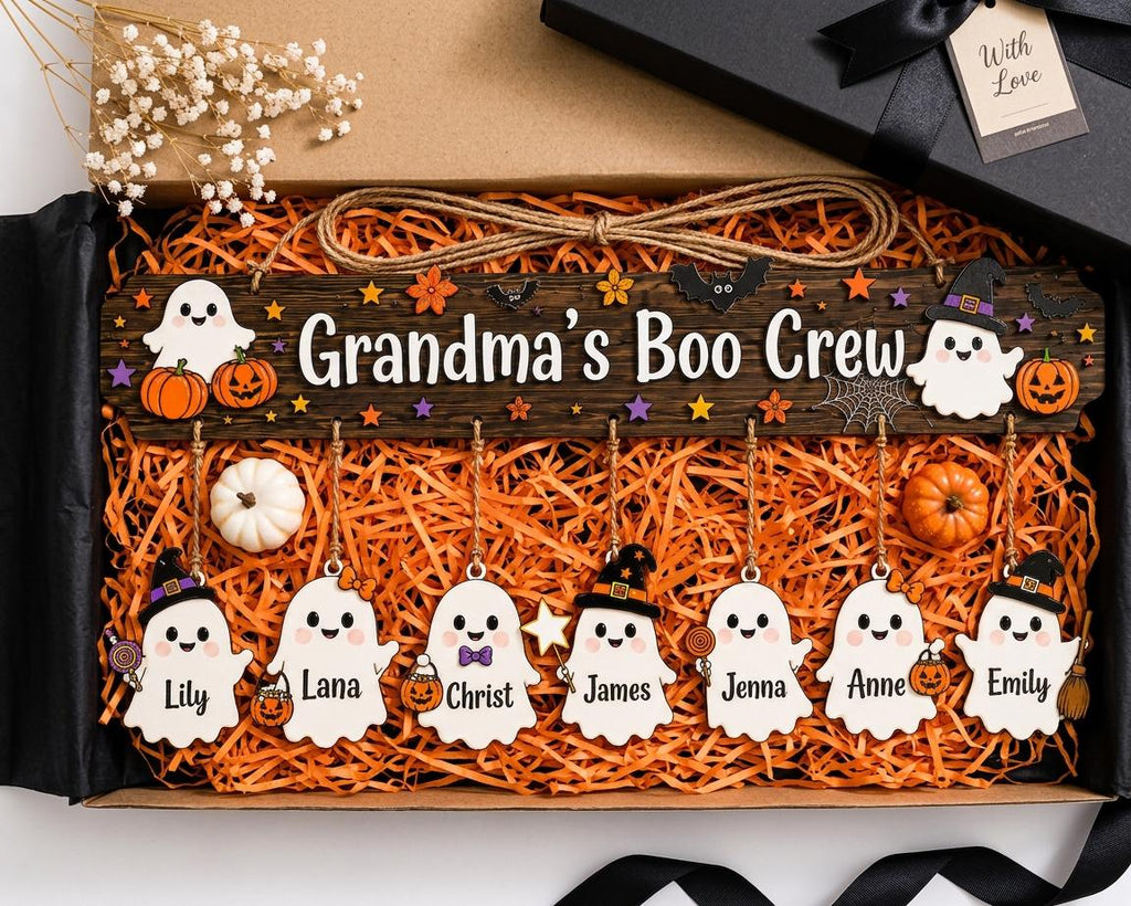 Custom Halloween Wooden Sign with Names, Grandma Boo Crew Ghost Decor, Personalized Grandchildren Hanging Plaque, Fall Gift