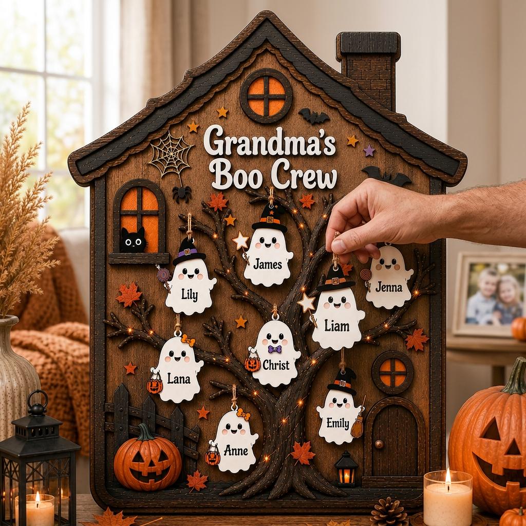 Custom Boo Crew Wooden Plaque with Names, Personalized Ghost Family Tree, Halloween Haunted House Sign, Spooky Family Gift
