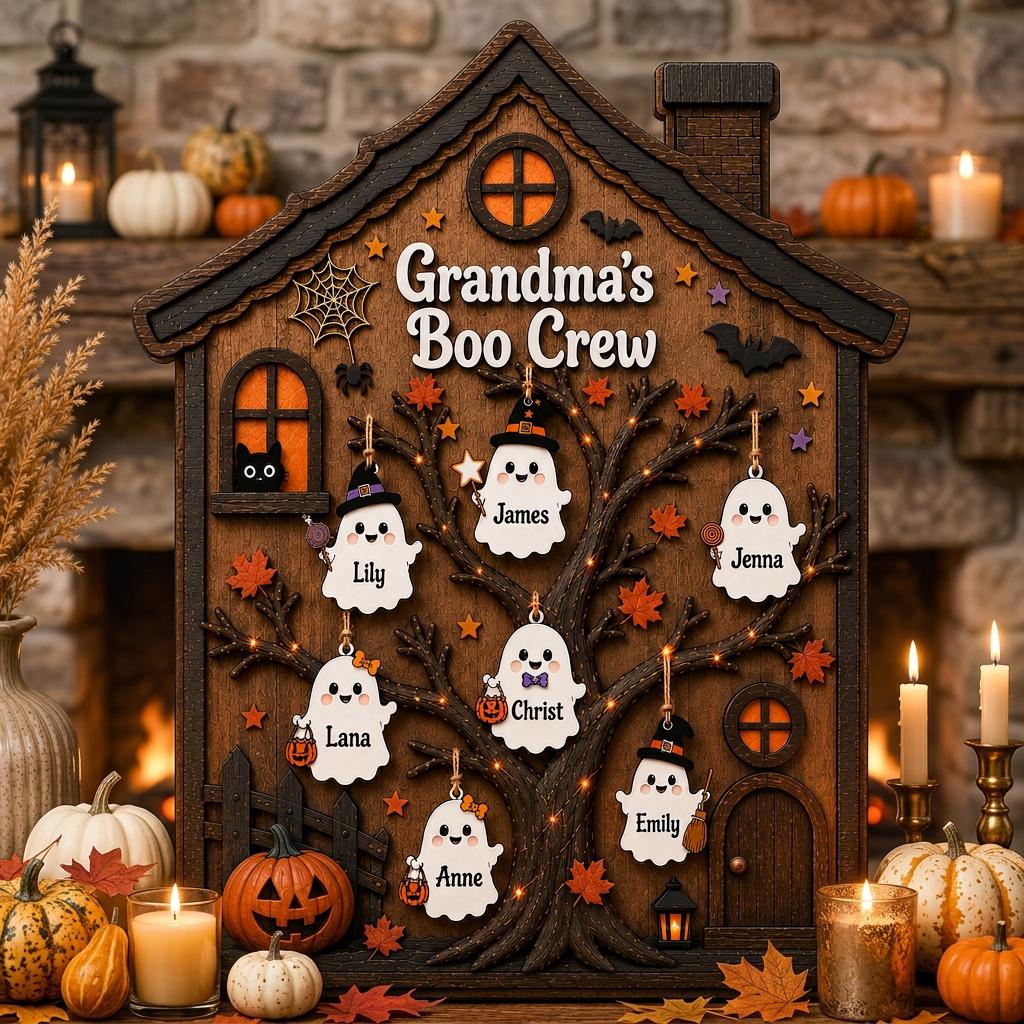 Custom Boo Crew Wooden Plaque with Names, Personalized Ghost Family Tree, Halloween Haunted House Sign, Spooky Family Gift