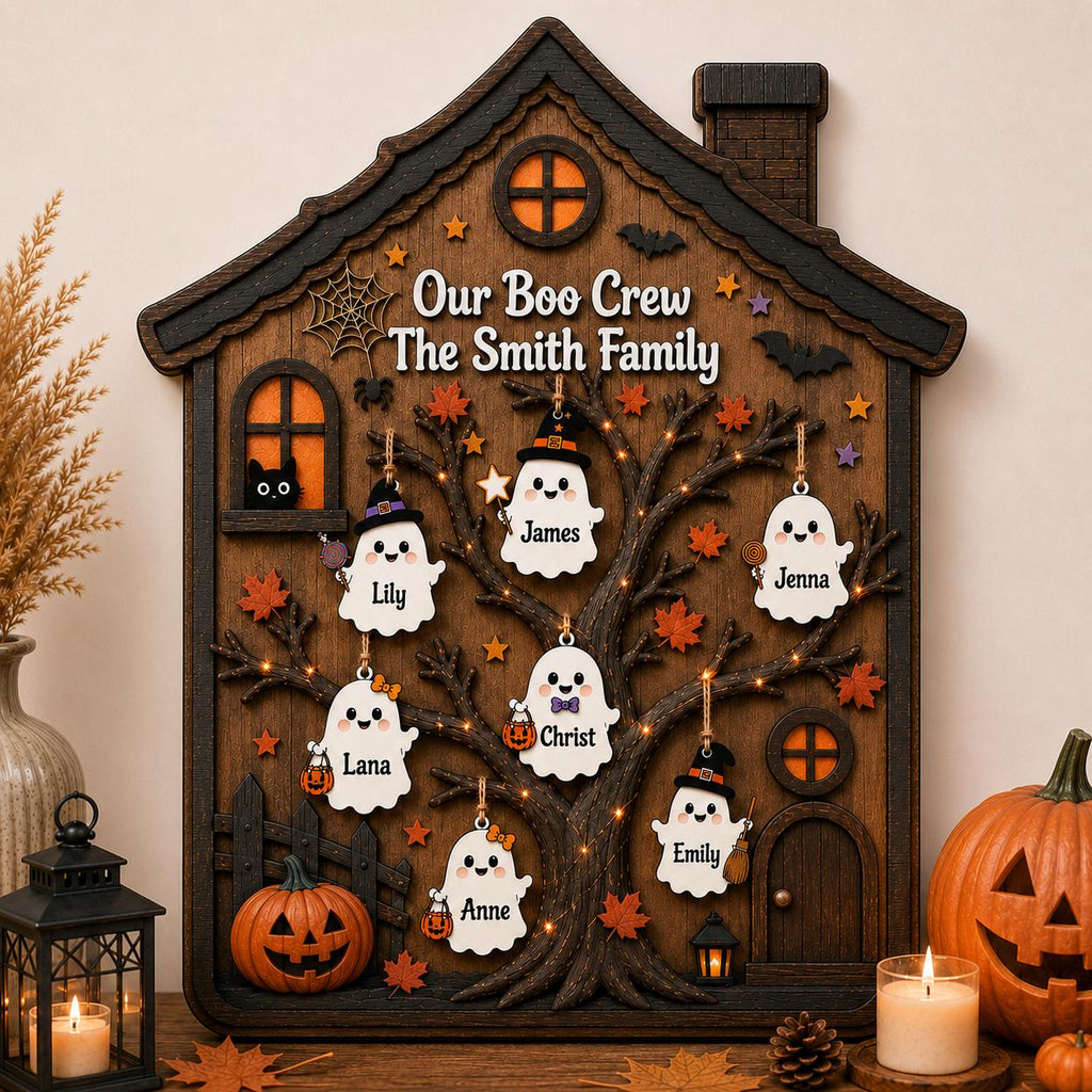 Custom Boo Crew Wooden Plaque with Names, Personalized Ghost Family Tree, Halloween Haunted House Sign, Spooky Family Gift