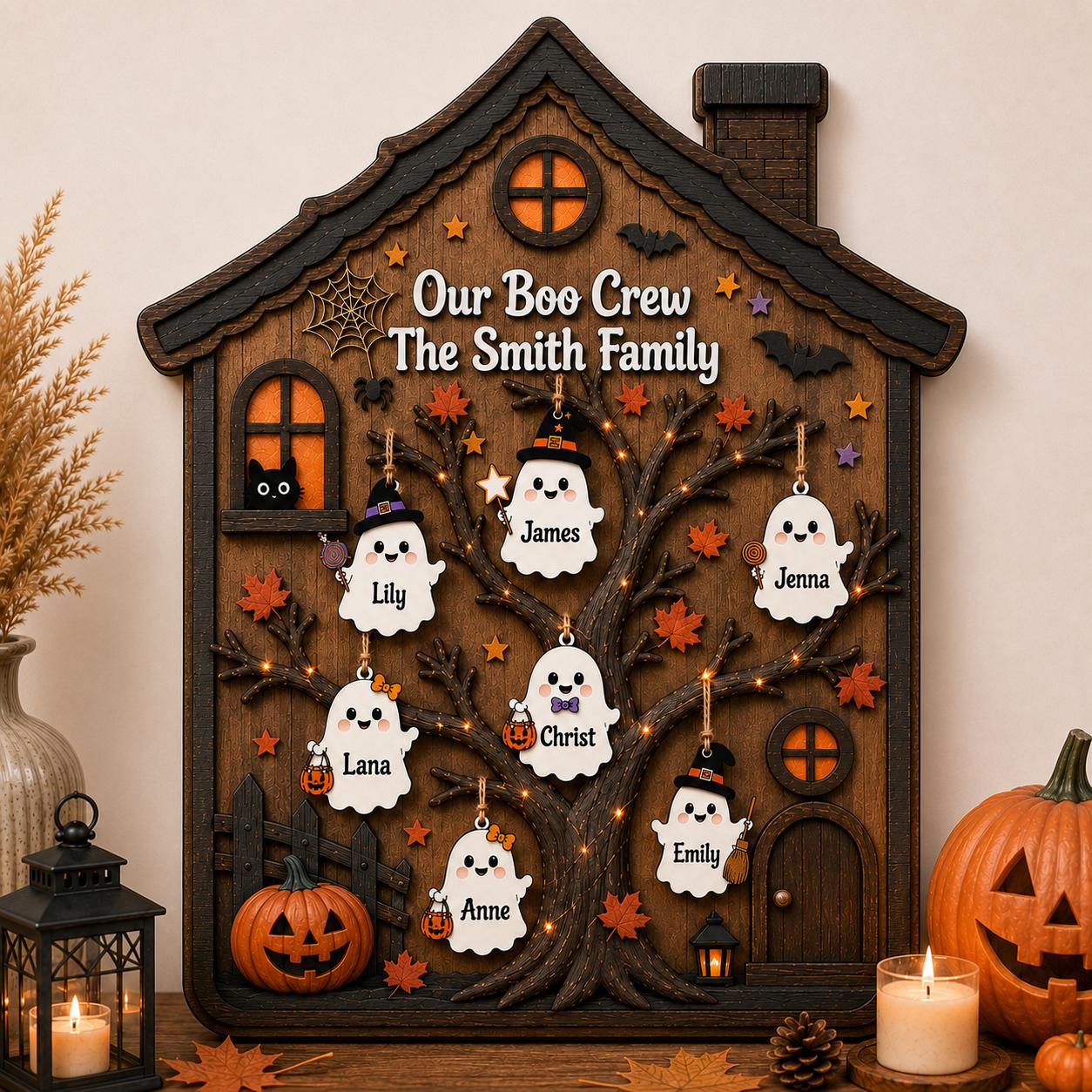 Custom Boo Crew Wooden Plaque with Names, Personalized Ghost Family Tree, Halloween Haunted House Sign, Spooky Family Gift