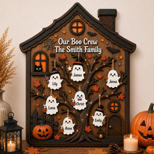 Custom Boo Crew Wooden Plaque with Names, Personalized Ghost Family Tree, Halloween Haunted House Sign, Spooky Family Gift
