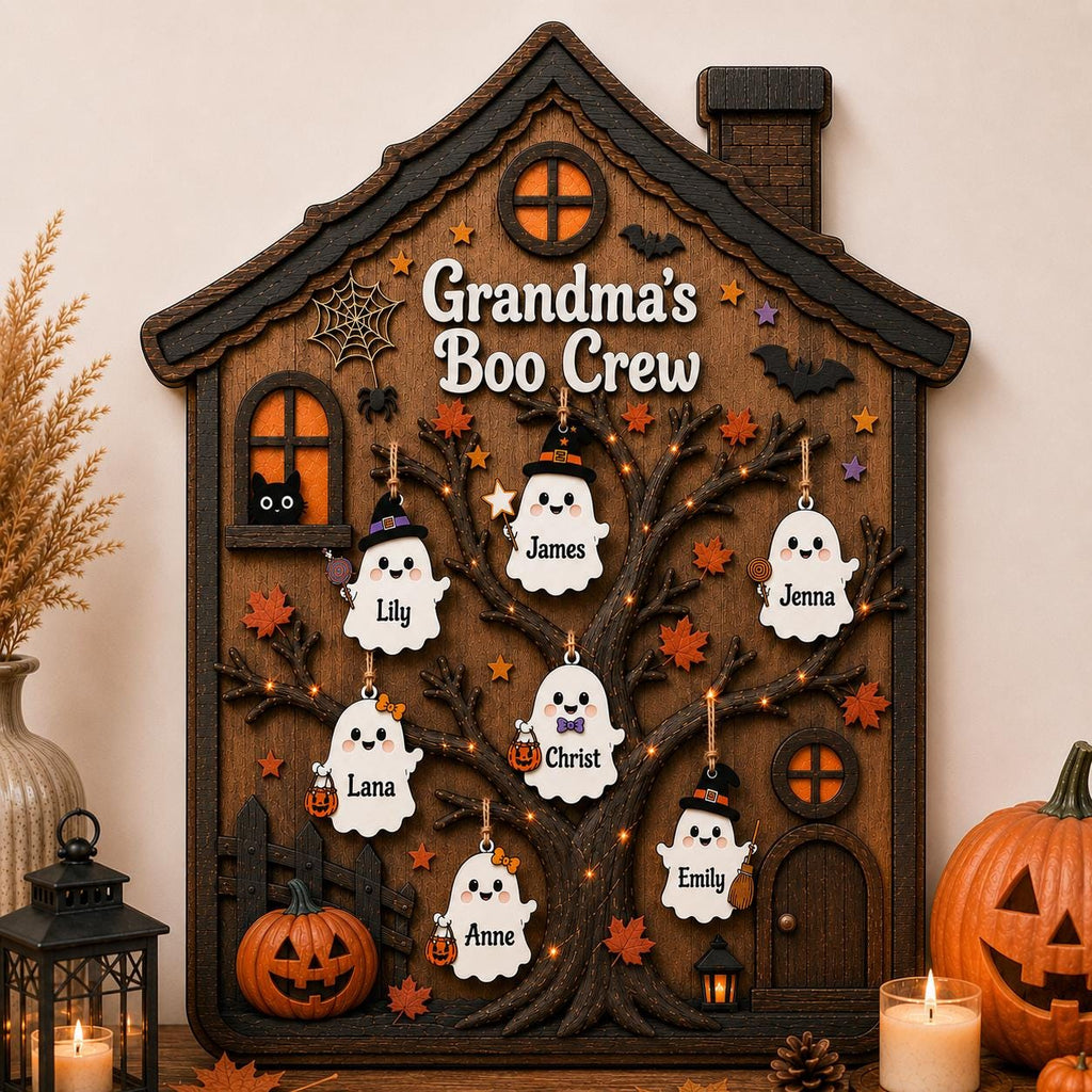 Custom Boo Crew Wooden Plaque with Names, Personalized Ghost Family Tree, Halloween Haunted House Sign, Spooky Family Gift