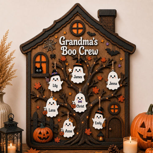 Custom Boo Crew Wooden Plaque with Names, Personalized Ghost Family Tree, Halloween Haunted House Sign, Spooky Family Gift