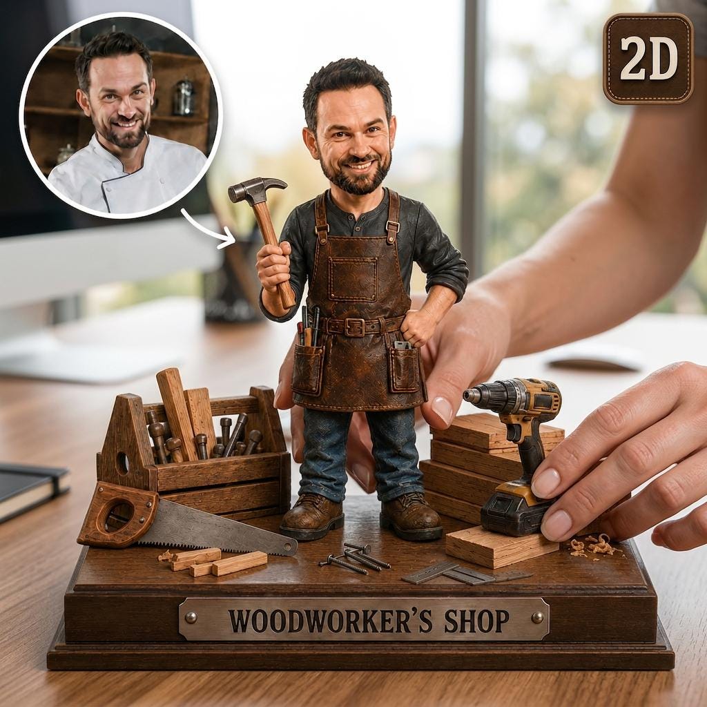 2D PRINTED Custom Woodworker Wooden Block, Personalized Carpenter Gift, 2D Workshop Trophy with Custom Face, Handyman Desk Decor