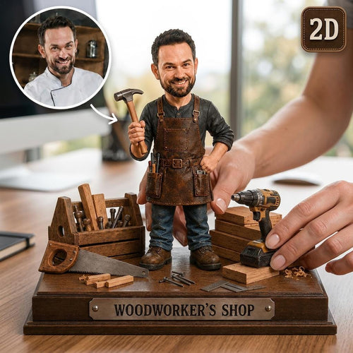2D PRINTED Custom Woodworker Wooden Block, Personalized Carpenter Gift, 2D Workshop Trophy with Custom Face, Handyman Desk Decor