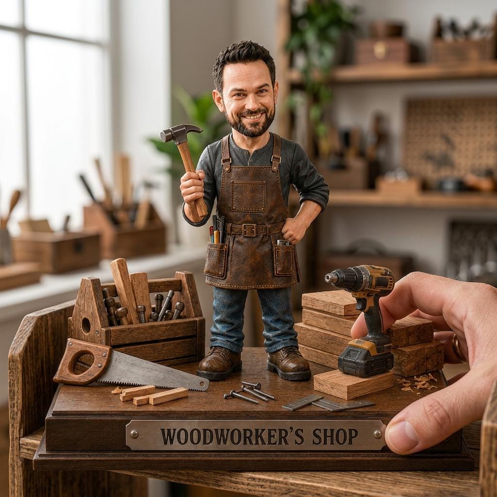 2D PRINTED Custom Woodworker Wooden Block, Personalized Carpenter Gift, 2D Workshop Trophy with Custom Face, Handyman Desk Decor