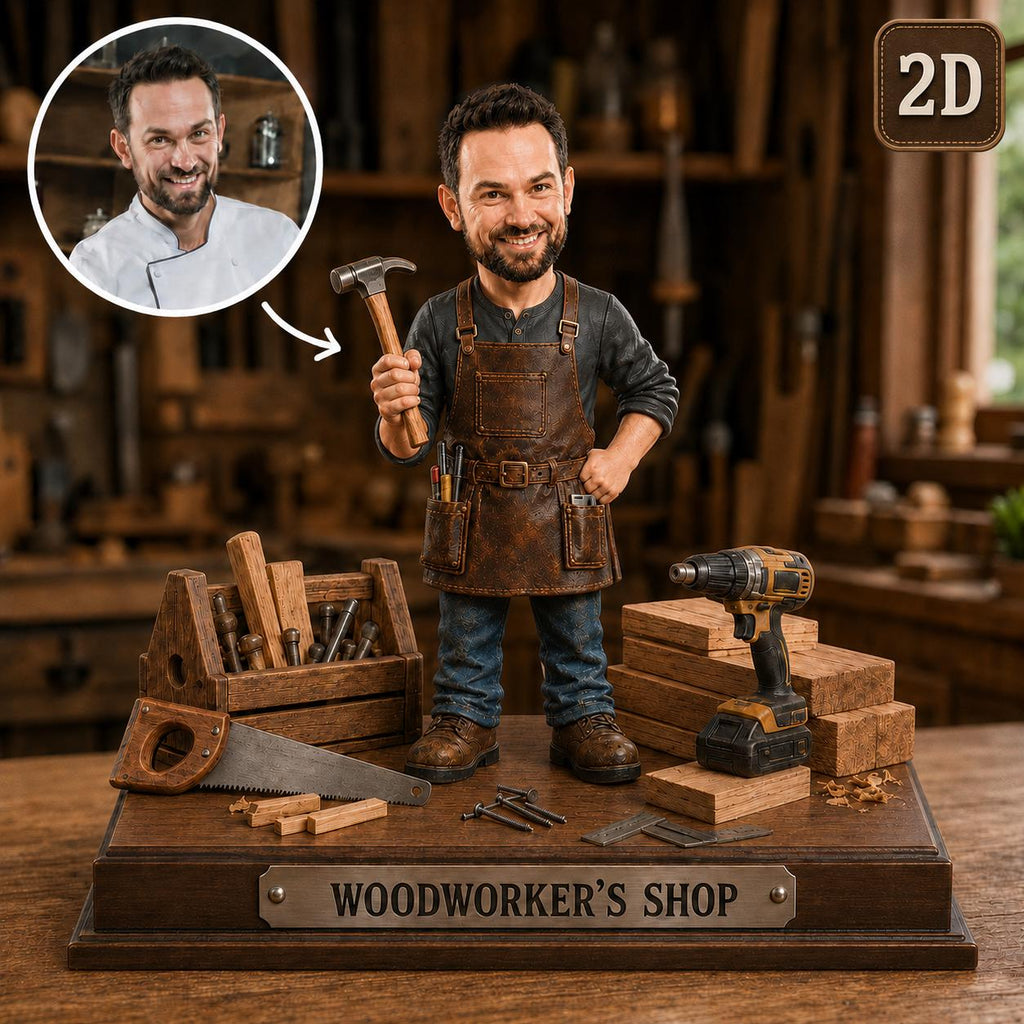 2D PRINTED Custom Woodworker Wooden Block, Personalized Carpenter Gift, 2D Workshop Trophy with Custom Face, Handyman Desk Decor