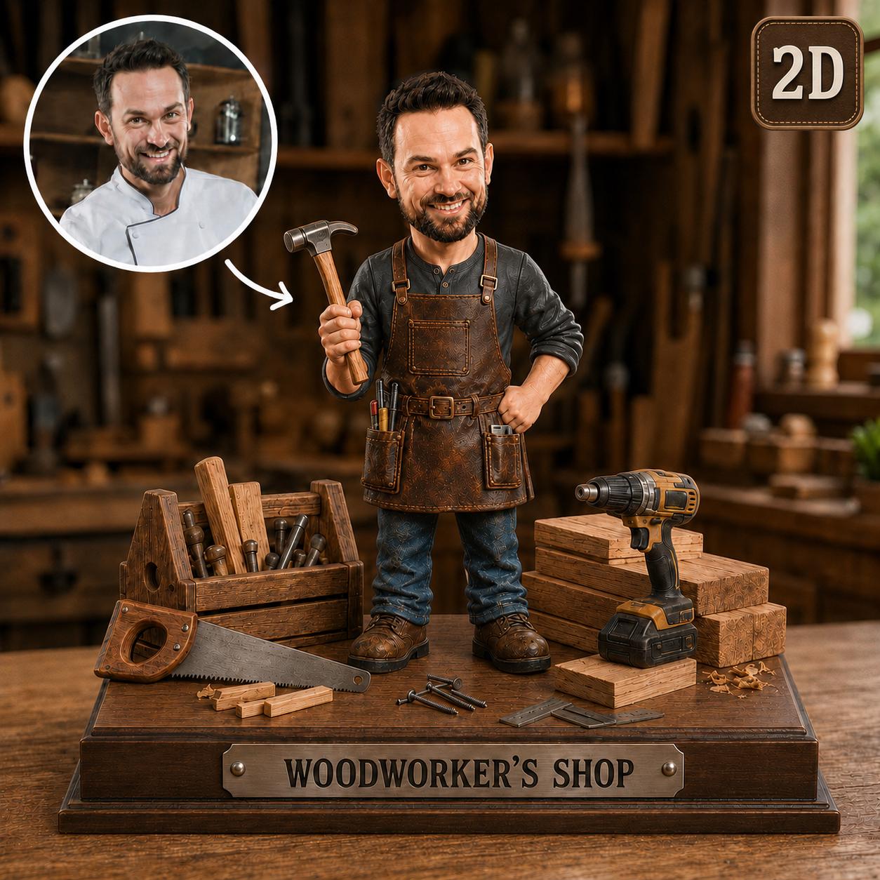 2D PRINTED Custom Woodworker Wooden Block, Personalized Carpenter Gift, 2D Workshop Trophy with Custom Face, Handyman Desk Decor