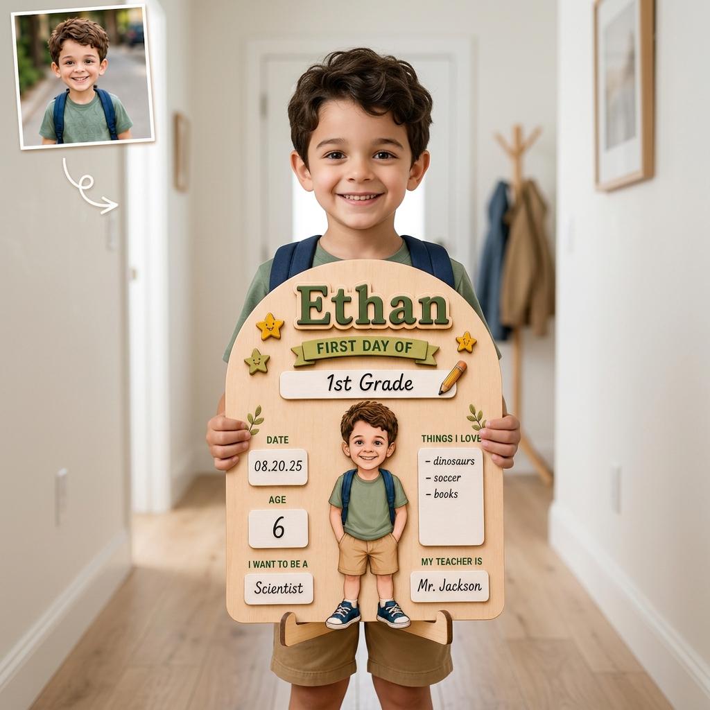 Personalized First Day of School Sign, Reusable Wooden Milestone Board, Back to School Photo Prop with Writable Chalkboard Sections.
