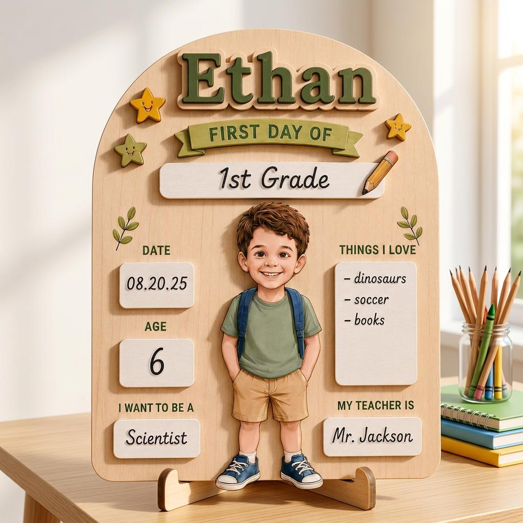 Personalized First Day of School Sign, Reusable Wooden Milestone Board, Back to School Photo Prop with Writable Chalkboard Sections.