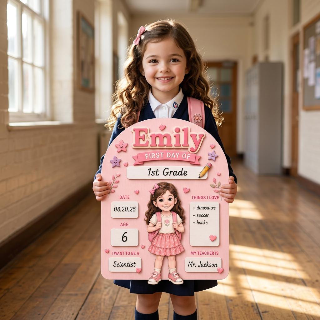 Personalized First Day of School Sign, Reusable Wooden Milestone Board, Back to School Photo Prop with Writable Chalkboard Sections.