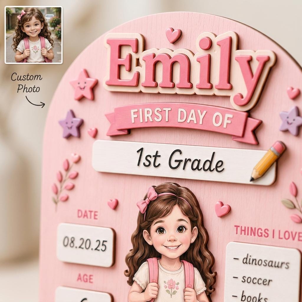 Personalized First Day of School Sign, Reusable Wooden Milestone Board, Back to School Photo Prop with Writable Chalkboard Sections.