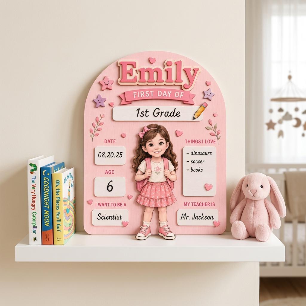 Personalized First Day of School Sign, Reusable Wooden Milestone Board, Back to School Photo Prop with Writable Chalkboard Sections.
