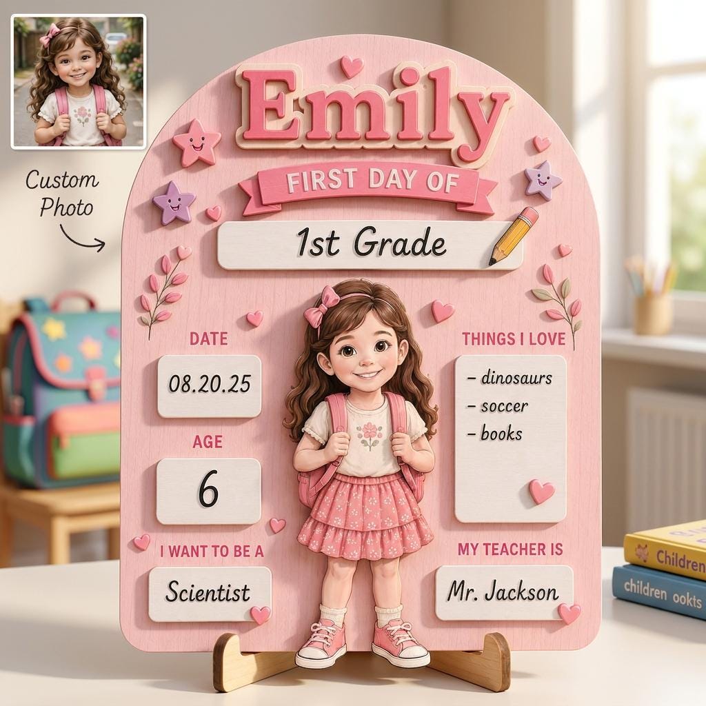 Personalized First Day of School Sign, Reusable Wooden Milestone Board, Back to School Photo Prop with Writable Chalkboard Sections.