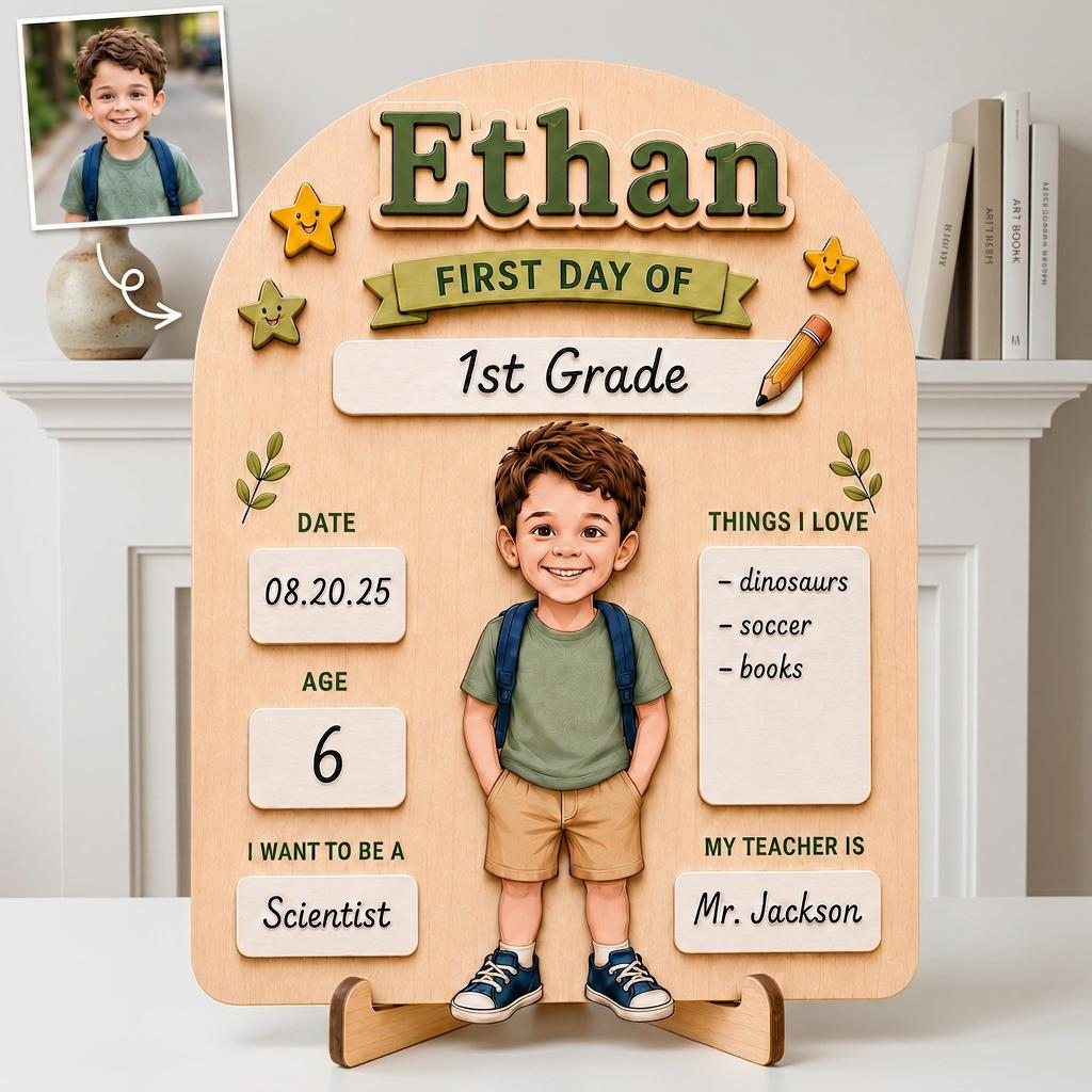 Personalized First Day of School Sign, Reusable Wooden Milestone Board, Back to School Photo Prop with Writable Chalkboard Sections.